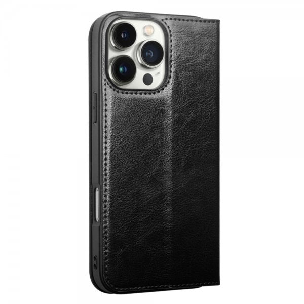 Qialino iPhone 16 Pro Cover Ægte Læder Sort