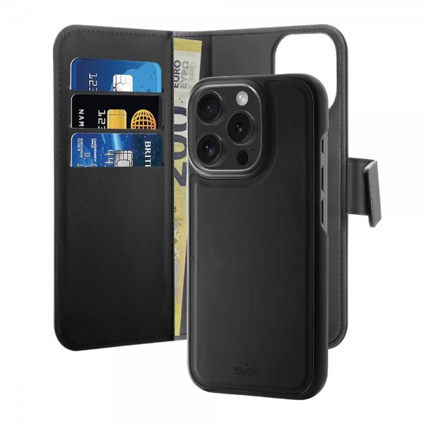 Puro iPhone 16 Pro Cover Wallet Detachable 2-i-1 Sort