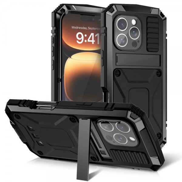 R-JUST iPhone 16 Pro Cover Metal Stødsikkert Sort