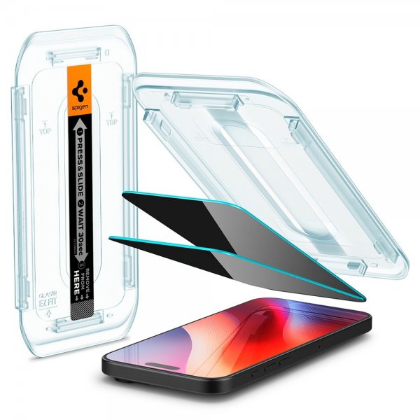 Spigen iPhone 16 Pro/iPhone 17/17 Pro Skærmbeskytter GLAS.tR EZ Fit Privacy 2-pak