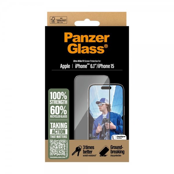 PanzerGlass iPhone 15/iPhone 16 Skærmbeskyttelse Ultra-Wide Fit EasyAligner