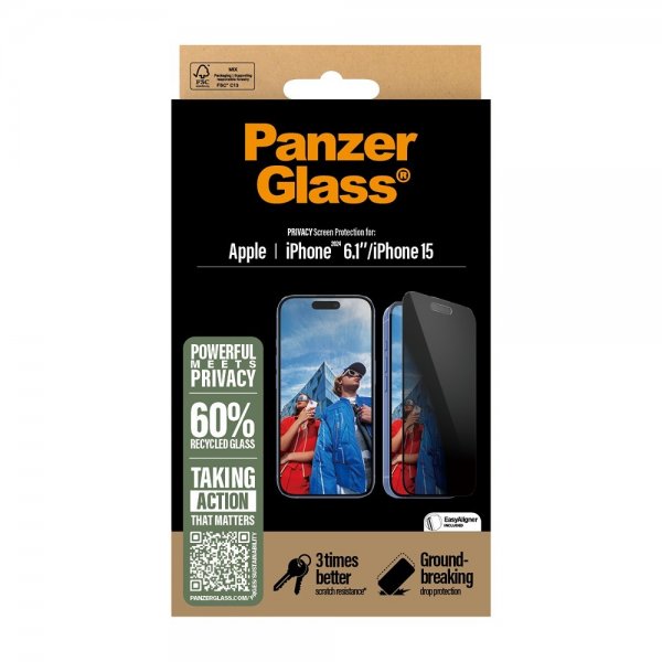 PanzerGlass iPhone 15/iPhone 16 Skærmbeskyttelse Ultra-Wide Fit Privacy EasyAligner