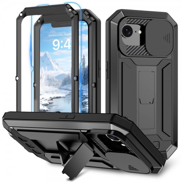 R-JUST iPhone 16e/17e Cover Metal Stødsikker Kamerabeskyttelse Sort