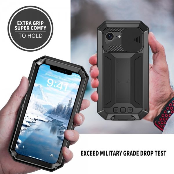 R-JUST iPhone 16e/17e Cover Metal Stødsikker Kamerabeskyttelse Sort
