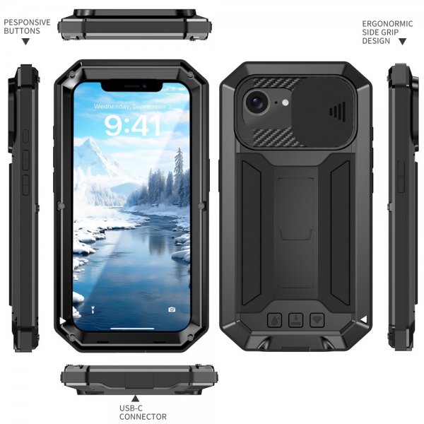 R-JUST iPhone 16e/17e Cover Metal Stødsikker Kamerabeskyttelse Sort