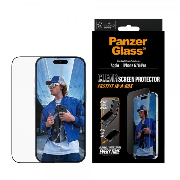 PanzerGlass iPhone 17/iPhone 16 Pro Skærmbeskyttelse Ultra-Wide Fit Clear Fastfit