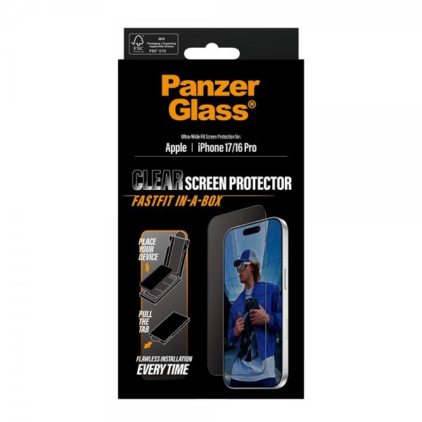 PanzerGlass iPhone 17/iPhone 16 Pro Skærmbeskyttelse Ultra-Wide Fit Clear Fastfit