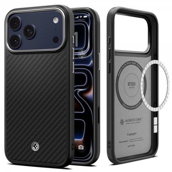 Spigen iPhone 17 Pro Max Cover Enzo Aramid T MagFit Sort Sølv