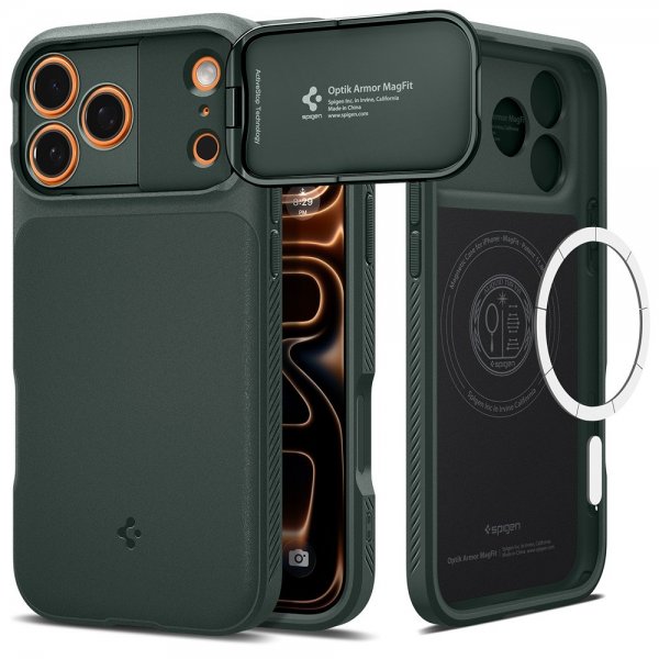 Spigen iPhone 17 Pro Cover Optik Armor MagFit Abyss Green