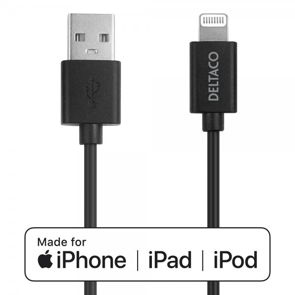 Deltaco USB-A-kabel med Lightning-stik 2m Sort