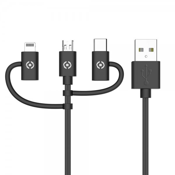 Celly Kabel 3i1 Micro-USB/USB-C/Lightning 1m Sort