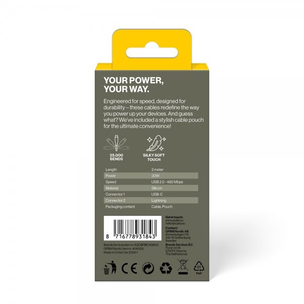 Aqiila Kabel Cablebird CS22 USB-C til Lightning 60W 2m Hvid
