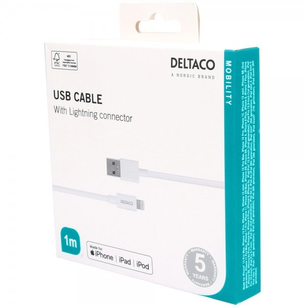 Deltaco Kabel USB-A-kabel med Lightning-stik 1m Hvid