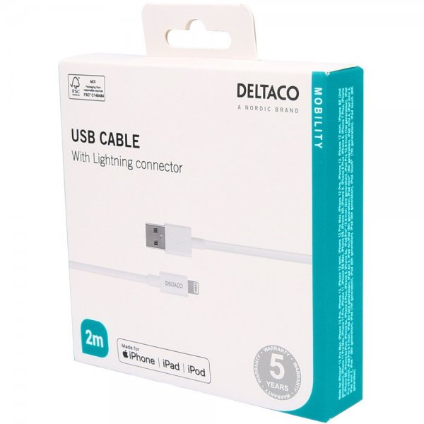 Deltaco Kabel USB-A-kabel med Lightning-stik 2m Hvid