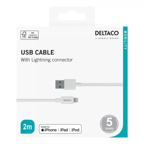 Deltaco Kabel USB-A-kabel med Lightning-stik 2m Hvid
