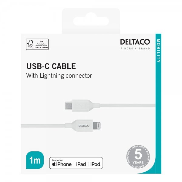 Deltaco Kabel USB-C Kabel med Lightning Stik 1m Hvid