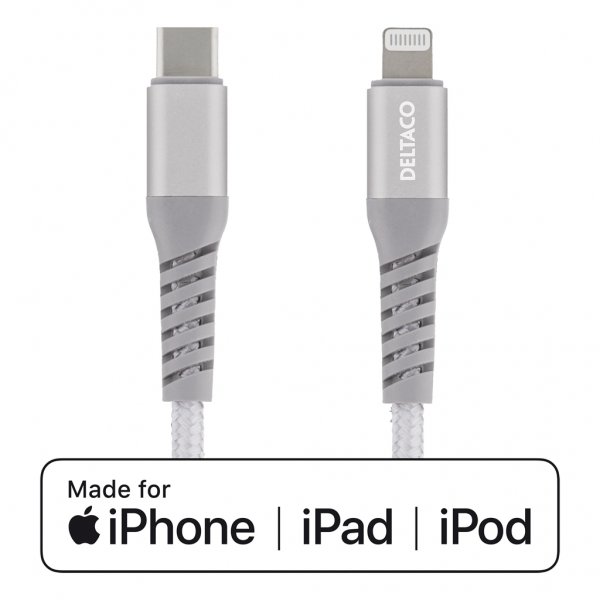 Deltaco Kabel USB-C til Lightning 1 meter Stofbeklædt Sølv