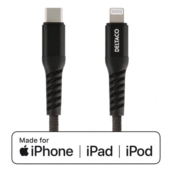 Deltaco Kabel USB-C til Lightning 1 meter Stofbeklædt Sort
