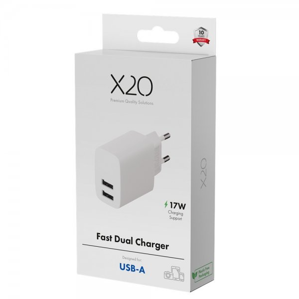 X2O Oplader 17W Dobbelt USB-A/USB-A Hvid