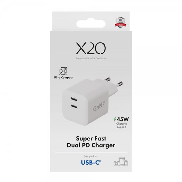 X2O Oplader 45W Dobbelt USB-C/USB-C GaN Hvid