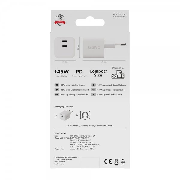 X2O Oplader 45W Dobbelt USB-C/USB-C GaN Hvid