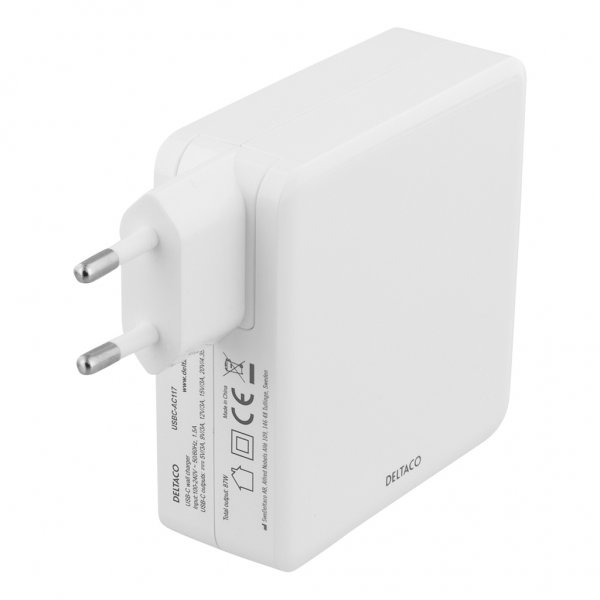 Deltaco Oplader 87W USB-C PD Hurtigopladning Hvid