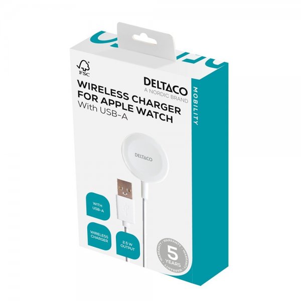 Deltaco Oplader til Apple Watch USB-A 1m Hvid