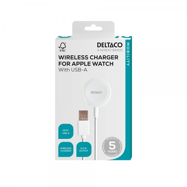 Deltaco Oplader til Apple Watch USB-A 1m Hvid