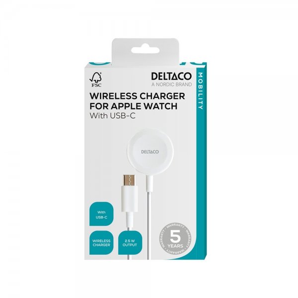 Deltaco Oplader til Apple Watch USB-C 1m Hvid
