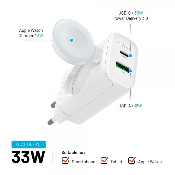 Fixed Oplader GaN 33W Apple Watch/USB-C/USB-A