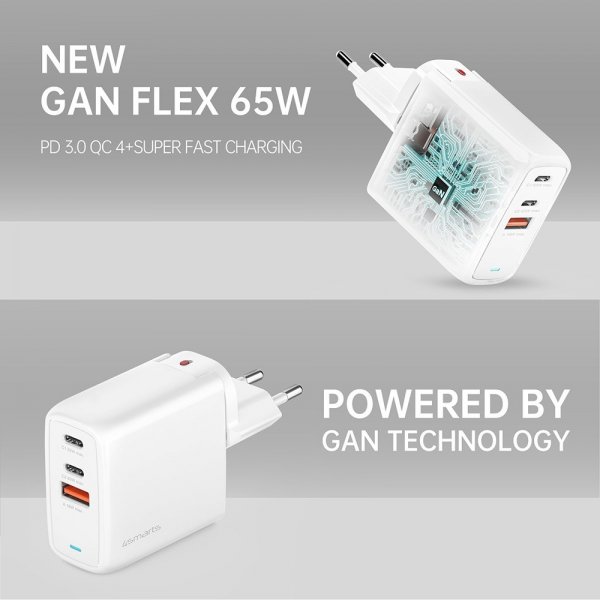 4smarts Oplader GaN Flex 65W 2 USB-C+1 USB-A