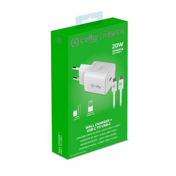 Celly Oplader med USB-C kabel TC1C20WTYPEC 20W Hvid