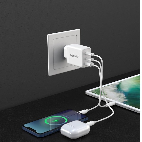 Celly Oplader TC3GAN65W 2xUSB-C/USB-A GaN 65W Hvid