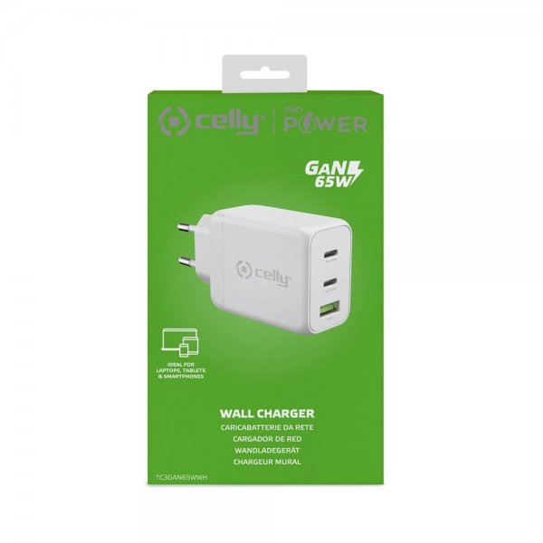 Celly Oplader TC3GAN65W 2xUSB-C/USB-A GaN 65W Hvid