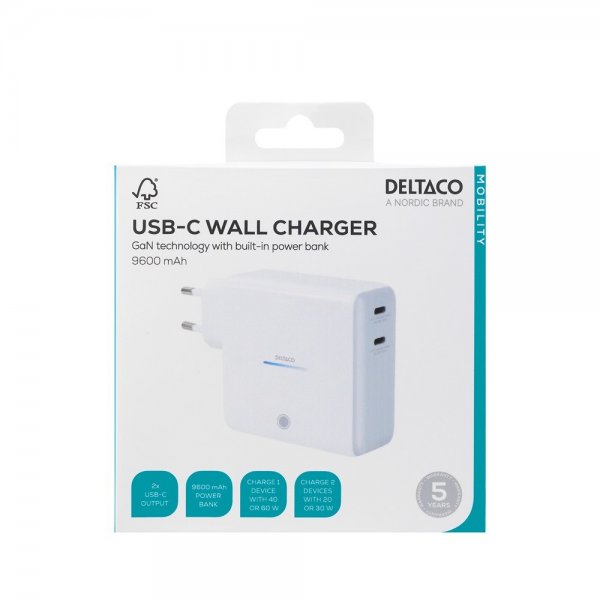 Deltaco Vægoplader med indbygget Powerbank USB-C GaN 60W 9600 mAh