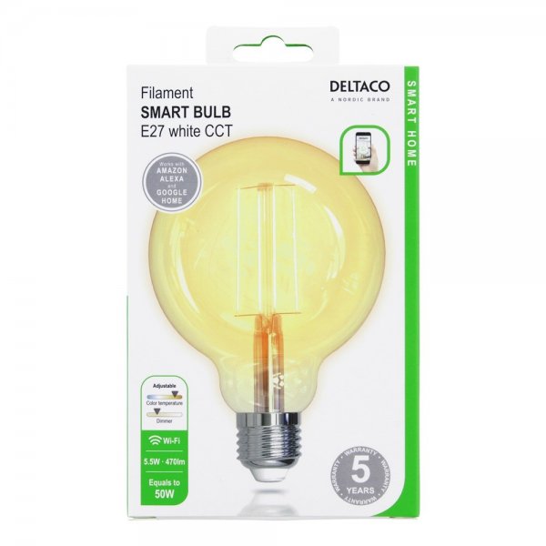Deltaco Smart Home LED-pære Filament E27 WiFi G95 5.5W