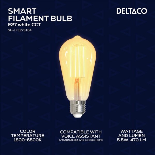 Deltaco Smart Home LED-pære Filament E27 WiFi ST64 5.5W