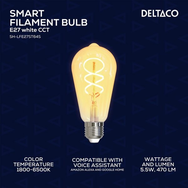 Deltaco Smart Home LED-pære Filament E27 WiFi ST64 Spiral 5.5W