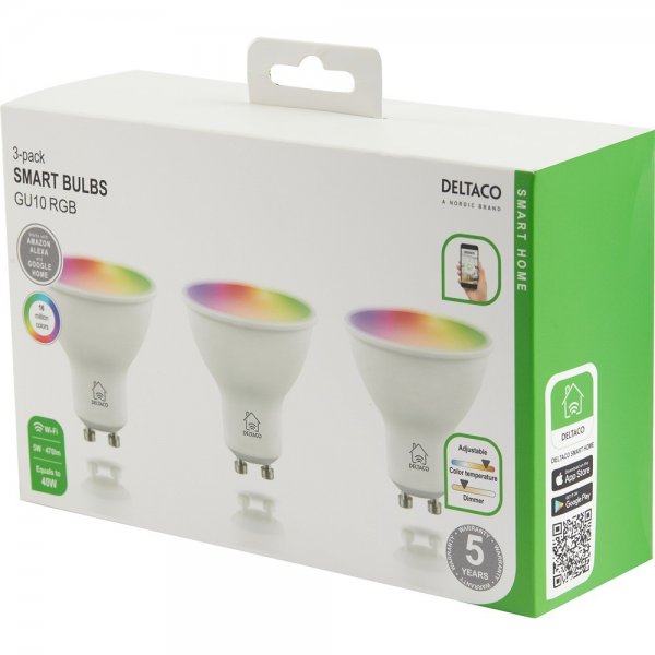 Deltaco Smart Home LED-pære GU10 WiFi 5W RGB 3-pak