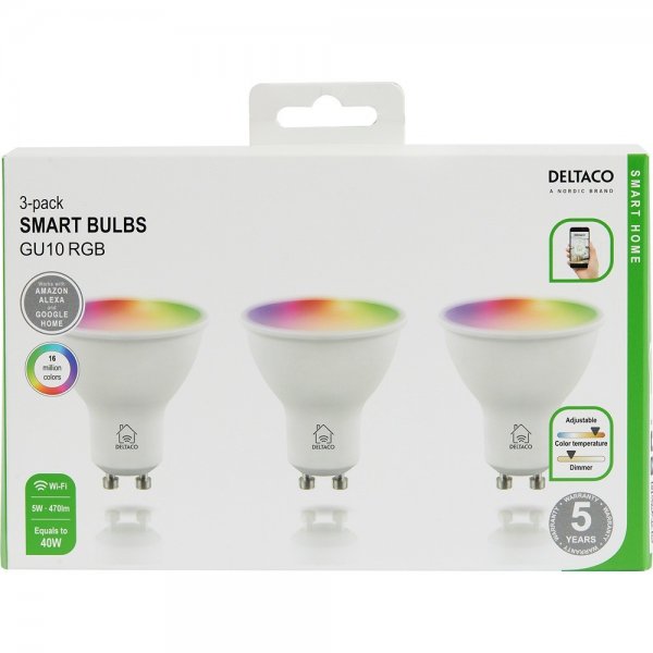 Deltaco Smart Home LED-pære GU10 WiFi 5W RGB 3-pak