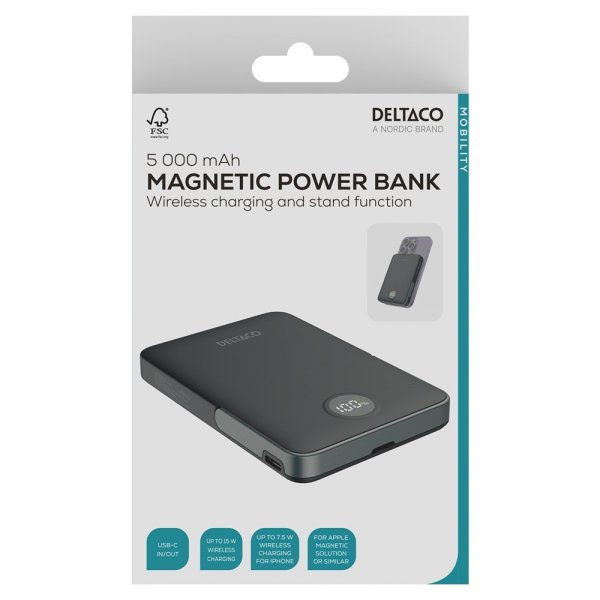 Deltaco MagSafe Powerbank med Stativ 5000 mAh 20W Sort