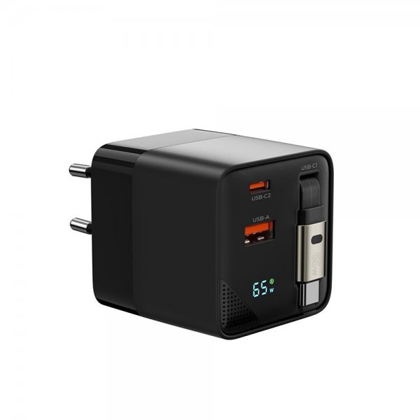 Mobile Origin Oplader med Display GaN 65W indbygget USB-C Kabel