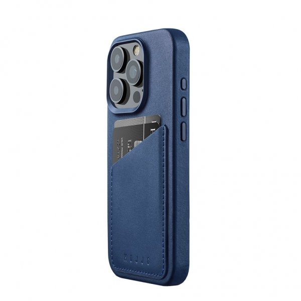 Mujjo iPhone 15 Pro Cover Full Leather Wallet Case MagSafe Monaco Blue