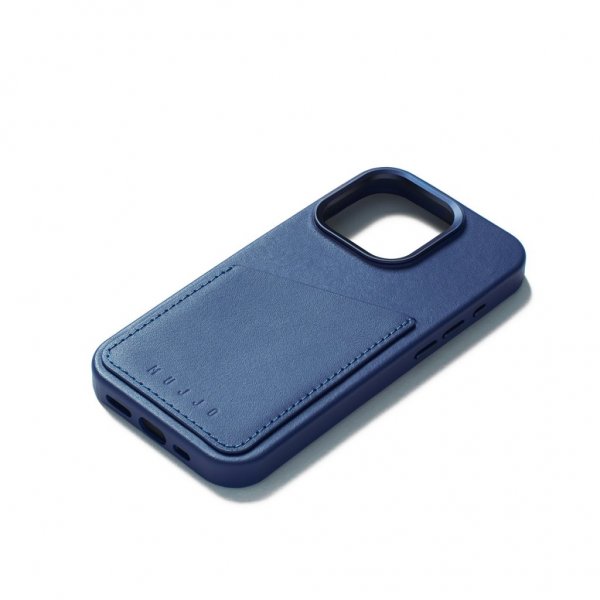 Mujjo iPhone 15 Pro Cover Full Leather Wallet Case MagSafe Monaco Blue
