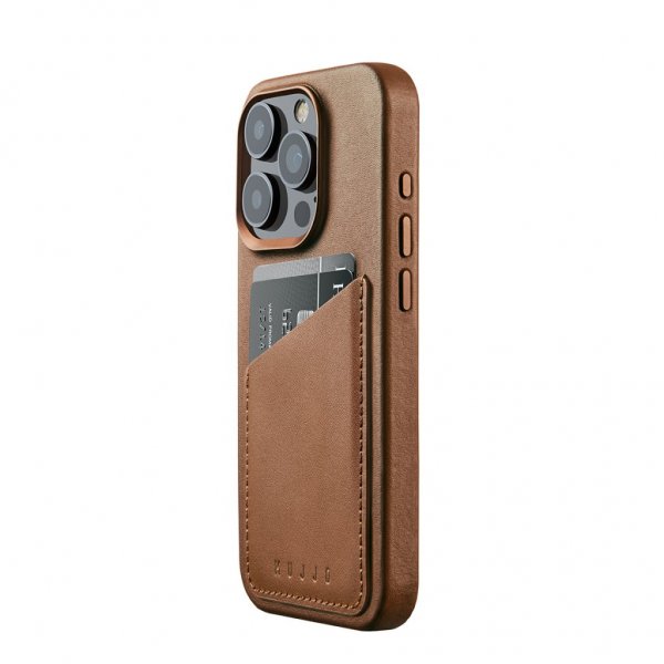 Mujjo iPhone 15 Pro Cover Full Leather Wallet Case MagSafe Dark Tan