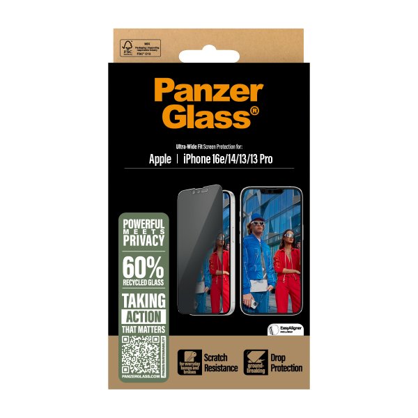 PanzerGlass iPhone 13/13 Pro/14/16e/17e Skærmbeskyttelse Ultra-Wide Fit Privacy EasyAligner