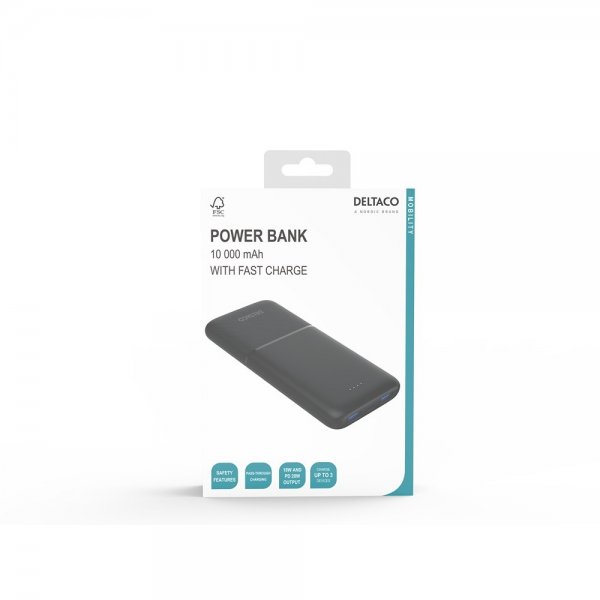 Deltaco Powerbank 10 000 mAh Fast Charge 20W Sort