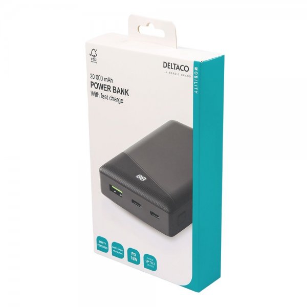 Deltaco Powerbank 20.000 mAh Hurtig Opladning 18W Sort