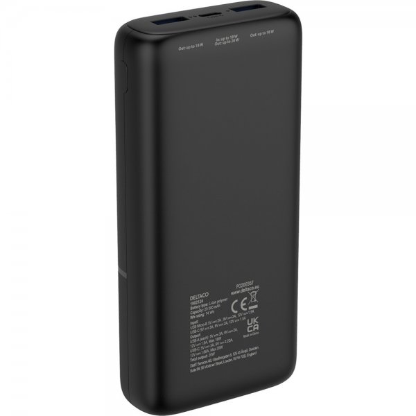 Deltaco Powerbank 20 000 mAh Hurtig opladning 20W Sort