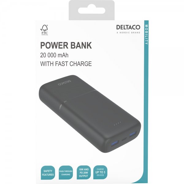 Deltaco Powerbank 20 000 mAh Hurtig opladning 20W Sort